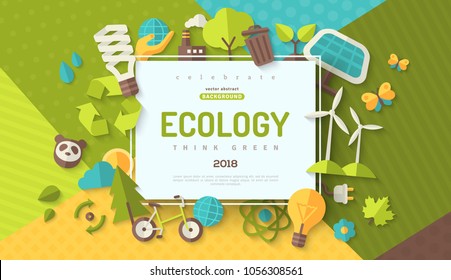 Environmental protection, ecology concept horizontal banner in flat style with square frame on colorful modern geometric background. Vector illustration