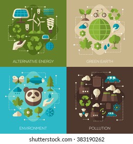 Environmental Protection, Ecology Concept Square Banners Set in Flat Style. Vector illustration. 