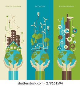 Environmental protection, ecology concept vertical banners set in flat style. Vector illustration. Hands holding Earth, eco city with solar panels, green energy