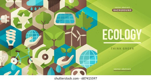 Environmental protection, ecology horizontal banner in flat style. Vector illustration. Ecological icons in hexagons. Concept for web and promotional materials. 