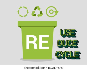 Environmental protection flat concept with trash container reduce reuse recycling inscriptions and symbols. Vector illustration