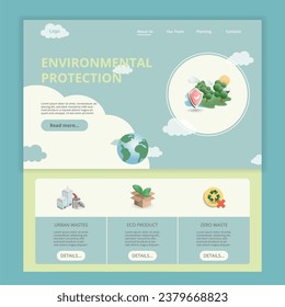 Environmental protection flat landing page website template. Urban wastes, eco product, zero waste. Web banner with header, content and footer. Vector illustration.