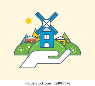 Environmental protection, gardening of territory, use of natural products and the preservation of the natural balance of resources, environmental conservation, cleanliness. Vector illustration.