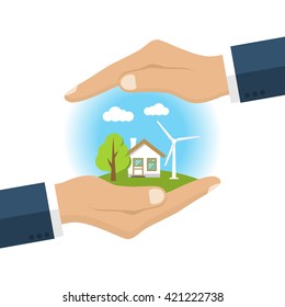 Environmental protection. Hands holding earth. Ecology concept. Protection ecology banner. Vector illustration flat design. 