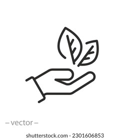 environmental protection icon, hand with leaves, care nature, eco friendly, thin line symbol - editable stroke vector illustration