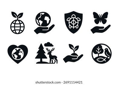 Symbol-Set für den Umweltschutz. Vektorschwarze Symbole für Natur und Nachhaltigkeit