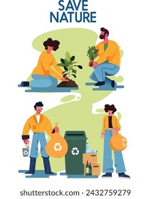 Environmental protection icons plantation garbage sketch cartoon characters