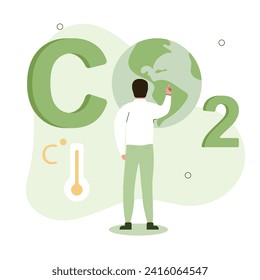  Environmental protection illustration. Сharacter points to an increase in temperature and the impact of CO2 emissions on the planet. Vector illustration.