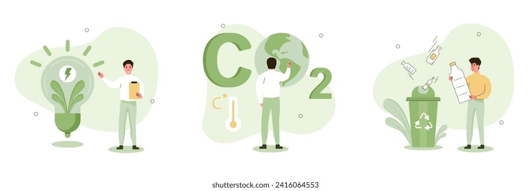  Environmental protection illustration set. character sorts plastic bottles into the trash for recycling, tries to reduce CO2 emissions on the planet, works in the field of green energy. Vector.