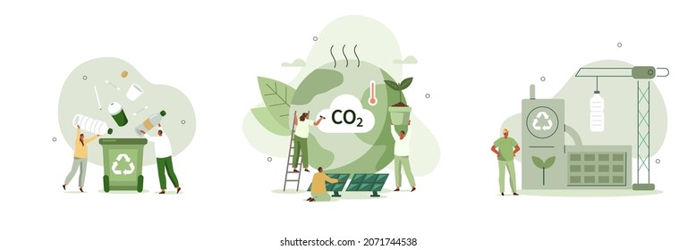 Environmental protection illustration set. Characters collecting plastic trash into recycling garbage bin, trying to reduce CO2 emission, working in green recycling industry. Vector illustration.\n