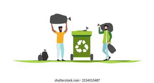 environmental protection illustration set, characters collecting plastic trash, trying reduce co2 emission, working green recycling industry. vector