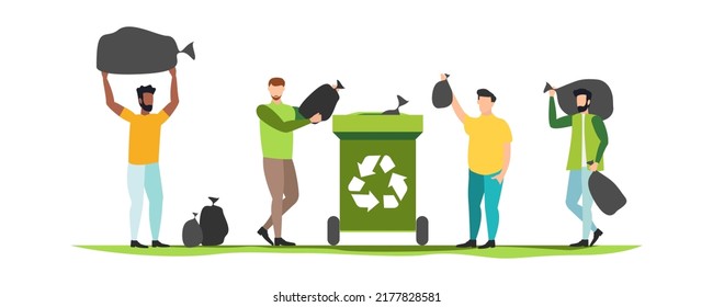 Umweltzeichen-Illustrationssatz, Charaktere, die Plastikmüll sammeln, versuchen, CO2-Emissionen zu reduzieren, Arbeiten in der grünen Recyclingindustrie. Vektorgrafik