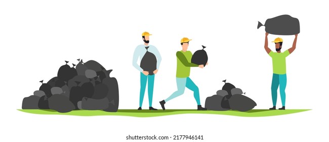conjunto de ilustraciones de protección ambiental, personajes recolectando basura plástica, tratando de reducir emisiones de CO2, industria de reciclaje verde en funcionamiento. vector