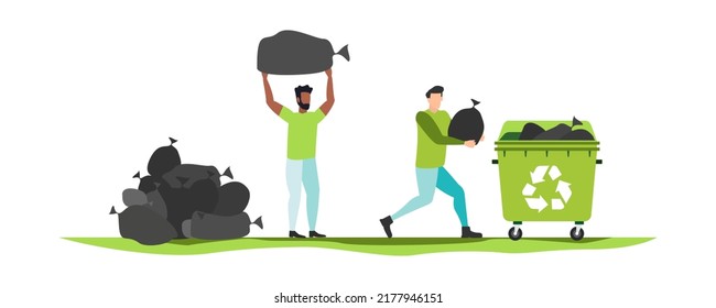 conjunto de ilustraciones de protección ambiental, personajes recolectando basura plástica, tratando de reducir emisiones de CO2, industria de reciclaje verde en funcionamiento. vector