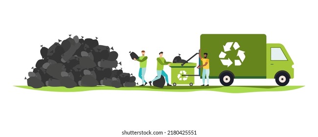 Environmental protection illustration set. Characters collecting plastic trash. Trying reduce co2 emission. Working green recycling industry. Vector.