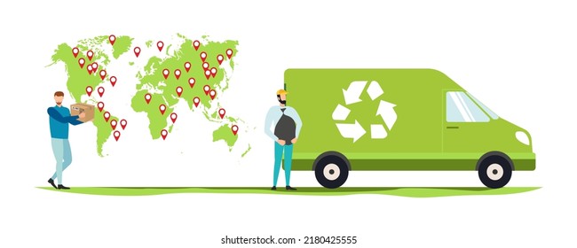 Environmental protection illustration set. Characters collecting plastic trash. Trying reduce co2 emission. Working green recycling industry. Vector.