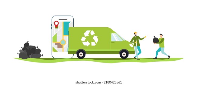 Ilustración de protección ambiental. Personajes recogiendo basura de plástico. Intentar reducir la emisión de CO2. Industria del reciclado verde de trabajo. Vector.
