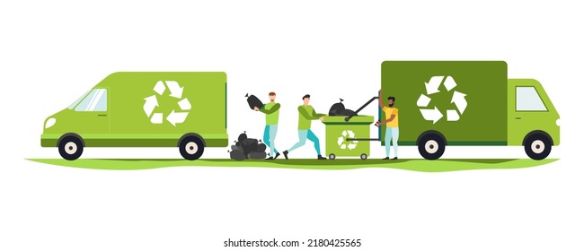 Environmental protection illustration set. Characters collecting plastic trash. Trying reduce co2 emission. Working green recycling industry. Vector.