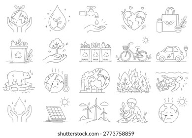 Environmental Protection Line Icon Set, Recycling, Climate Change, Renewable Energy and Sustainable Lifestyle Vector Illustration