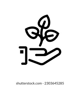 Environmental protection logo. Black line icon. Hands holding tree. Ecology concept. Protection ecology. Vector illustration flat design. Banner environmental protection.
