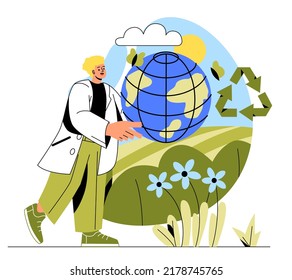 Environmental protection. Male scientist holds planet earth and saves it. Volunteer takes care of nature. Reduction of emissions and pollution and recycling of waste. Cartoon flat vector illustration