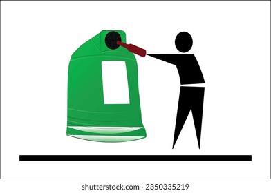 Environmental protection: A person throws a glass bottle into a recycling glass container. Isolated on a white background.