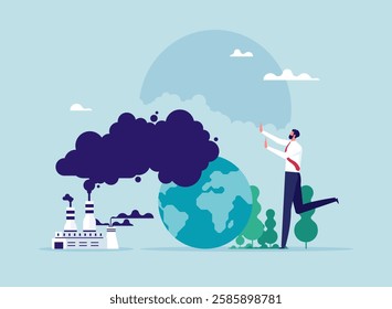 Environmental protection from pollution concept, businessman protect the world for environmental conservation and sustainability. take care about world