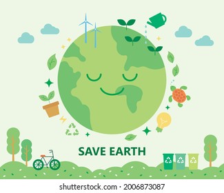 Environmental protection poster decorated with environmental icons around a smiling globe. flat design style minimal vector illustration.
