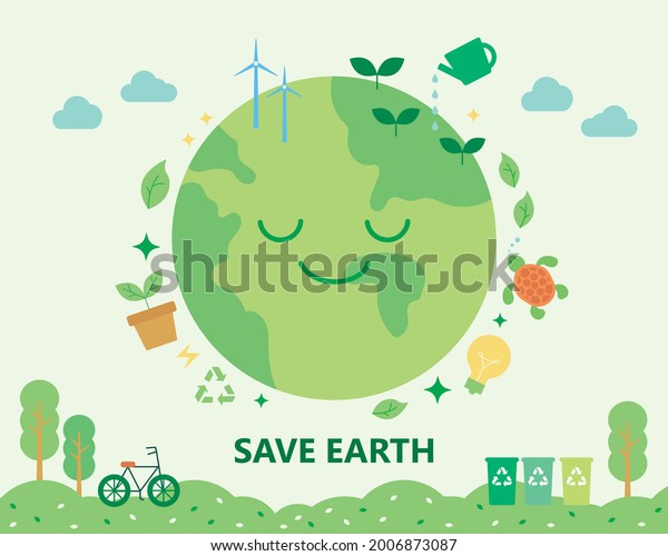 Environmental protection poster decorated\
with environmental icons around a smiling globe. flat design style\
minimal vector\
illustration.\
