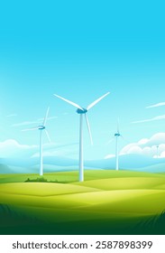 Environmental protection poster design wind turbines and grass blue sky white clouds