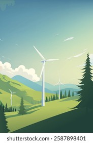 Environmental protection poster design wind turbines between trees and mountains