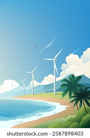 Environmental protection poster design wind turbine at the seaside