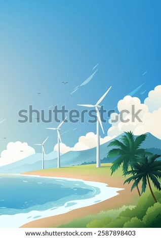 Environmental protection poster design wind turbine at the seaside