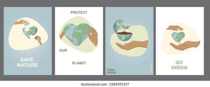 Environmental Protection Poster Series Earth Hands Collection. Set of four eco posters featuring minimalist Earth and hands illustrations with environmental messages. Earth day. Vector illustration