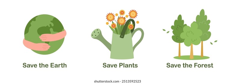Environmental protection. Save the Earth, plants and forests. Preserve the ecology of the planet. Eco friendly. Sustainable living concept. Vector illustration.