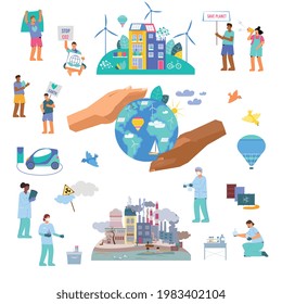 Environmental protection set with flat icons of pollution eco friendly materials globe in hands and people vector illustration