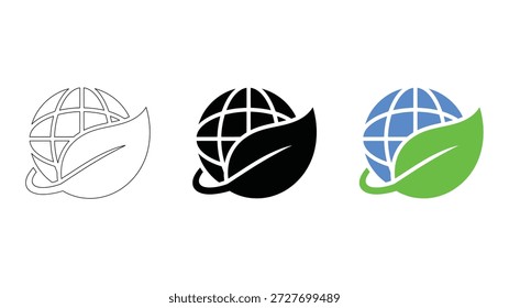 Umweltschutz und Nachhaltigkeit Globe Leaf Icons Linie, solide, bunte umweltfreundliche Erdsymbole