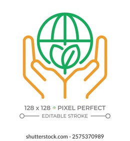 Environmental protection two color line icon. Global ecology. Hands holding planet. Climate action. Bicolor outline symbol. Duotone linear pictogram. Isolated illustration. Editable stroke