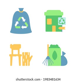 Environmental protection vector flat color icon set. Recycling and waste management. Ecology improvement. Garbage disposal. Cartoon style clip art for mobile app pack. Isolated RGB illustration bundle