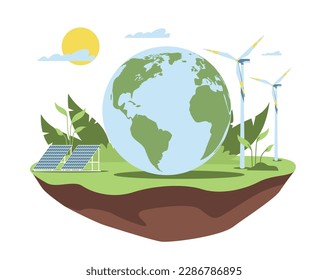 Environmental protection. Wind farms and solar panels. Eco green energy. Save planet. Protect nature Earth. Green planet environment. Cartoon flat illustration. Vector ecology concept