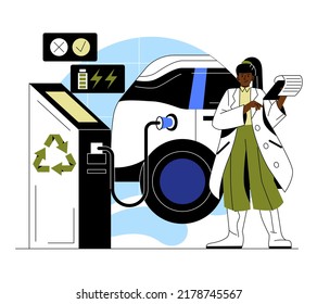 Environmental protection. Woman scientist presents modern electric car and battery charging station. Reducing carbon emissions and caring for nature. Cartoon flat vector illustration in doodle style