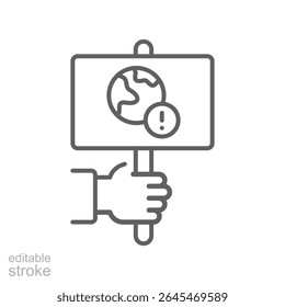 Environmental Protest Icon. Editable Stroke Outline. Hand Holding Planet Sign. Climate Crisis Warning. Global Warming Awareness Symbol.