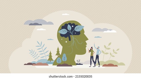 Environmental psychology for individual and environment surrounding tiny person concept. Social behavior and mindset in field of nature, sustainability and ecological factors vector illustration.