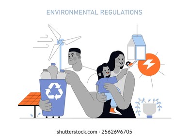 Environmental Regulations concept. Family participating in recycling, renewable energy, and conservation efforts. Sustainable living practices in modern society. Vector illustration.