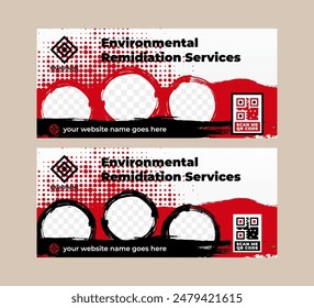 environmental remidiation services banner design web template. Horizontal layout website. brush red and black color on elements.  cover header background , Social Media, flyer, postcard. photo space