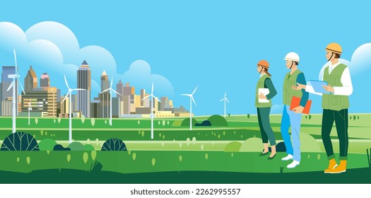 Environmental researchers inspect the impact of using renewable energy in the modern city landscape with lots of green areas