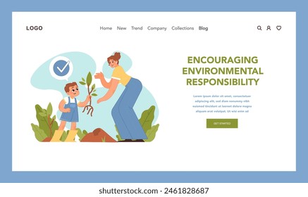 Environmental responsibility concept. Child learning to plant trees, guided by mother, cultivating care for Earth. Teaching children of modern ecological problems. Flat vector illustration