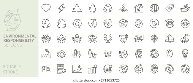 Environmental responsibility icon set. Sustainability, eco-friendly, green energy, recycling, carbon footprint, renewable resources, conservation icons. Thin line editable stroke vector illustrations