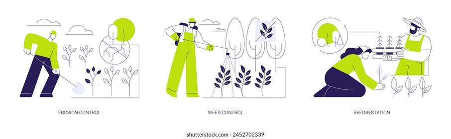 Environmental restoration abstract concept vector illustration set. Erosion control, farmer with sprayer kills weed, reforestation and replanting trees, ecosystem restoration abstract metaphor.