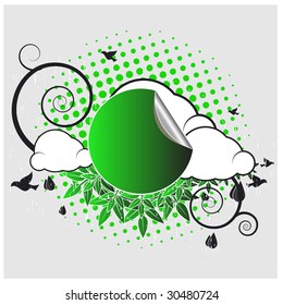 Environmental Retro Banner With Clouds and birds flying around with halftone background